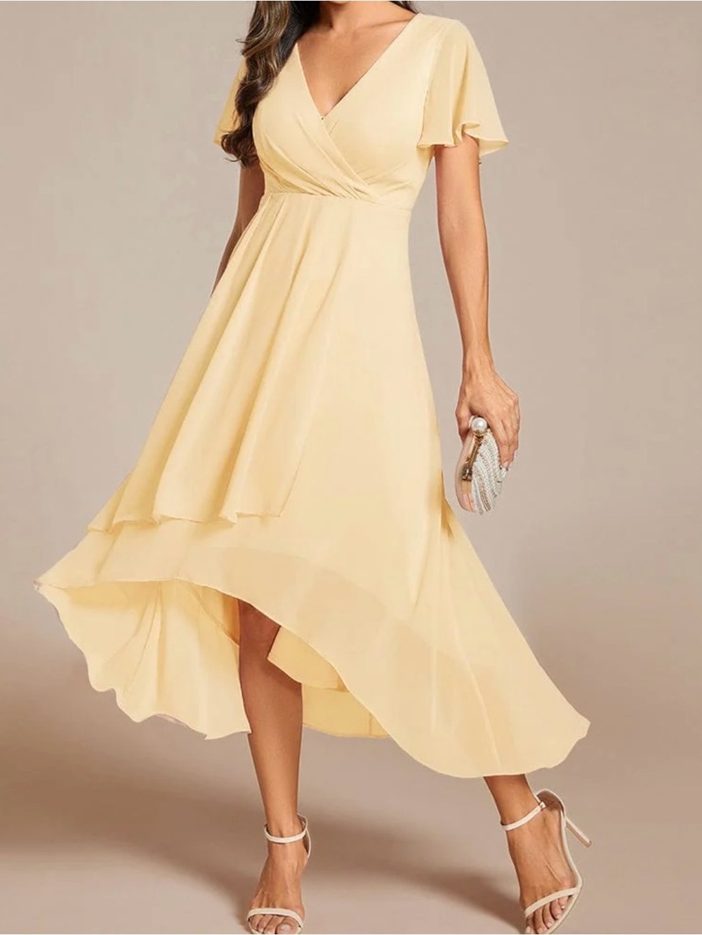 Ever Pretty Pale Yellow High-Low V-Neck Midi Dress